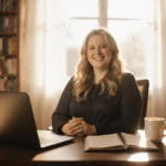 Colleen Hoover writing at her desk with stacks of books and coffee showing her author workspace