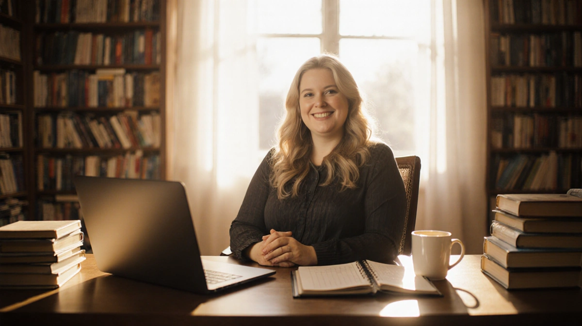 Colleen Hoover writing at her desk with stacks of books and coffee showing her author workspace