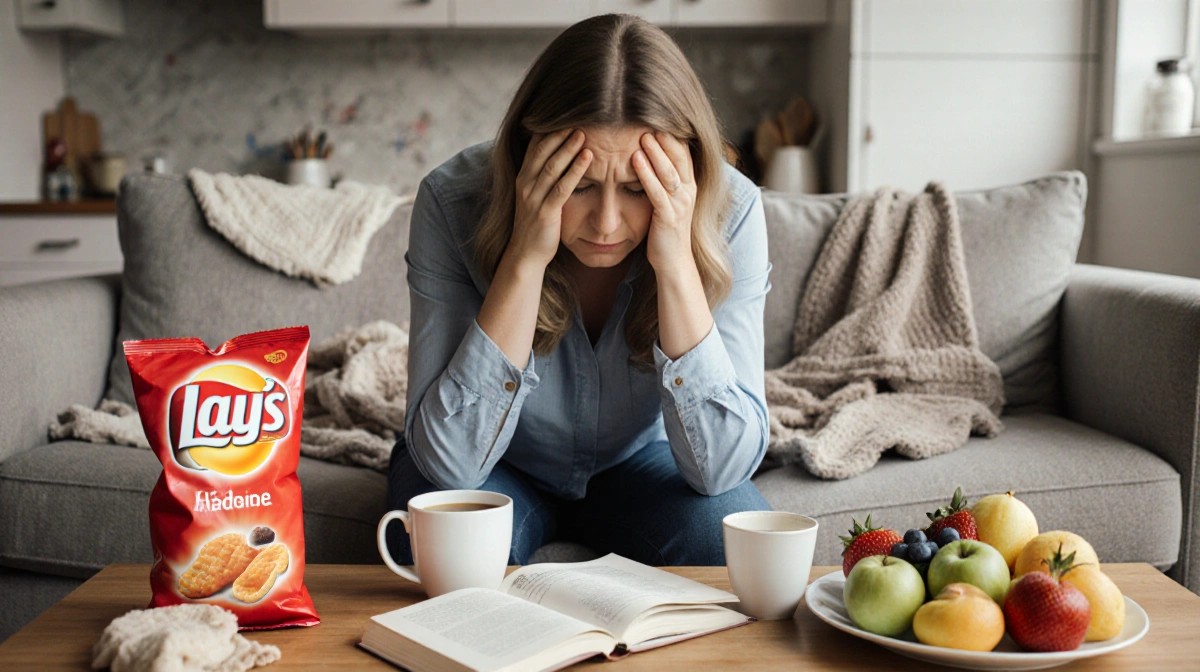 Colleen Hoover sits on couch with healthy food and chips showing frustration over lifestyle changes