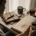 Author holding coffee while reading stained manuscript with morning light and journal on desk
