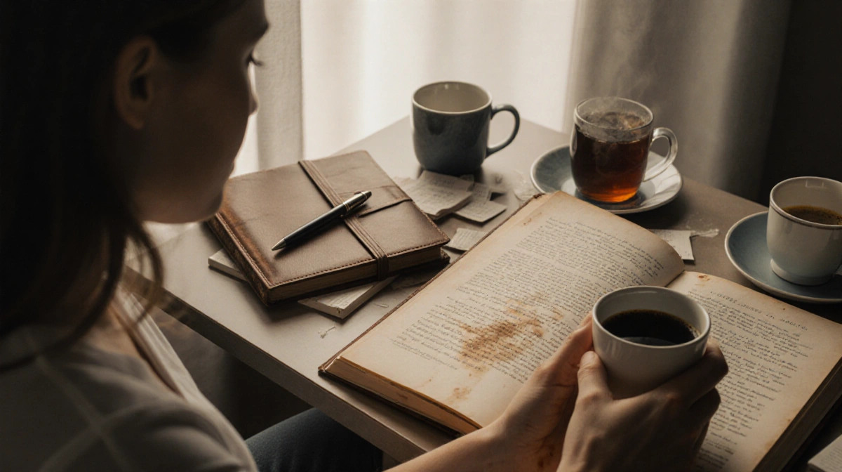 Author holding coffee while reading stained manuscript with morning light and journal on desk