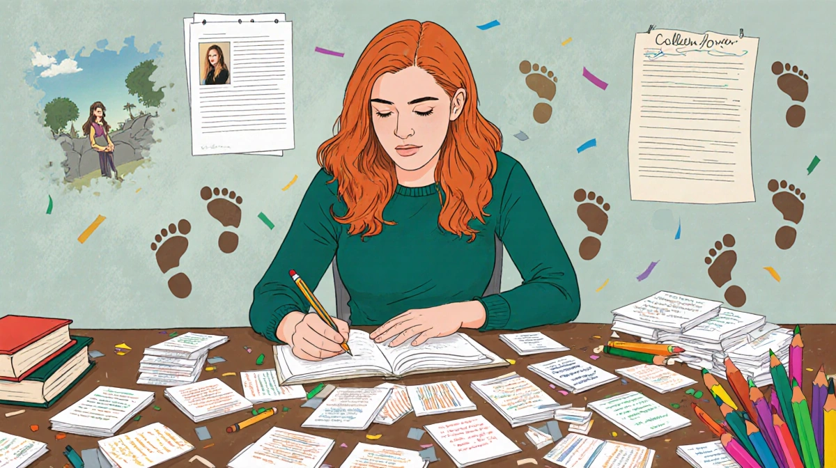 Colleen Hoover writes with pen at cluttered desk covered in index cards and colorful notes
