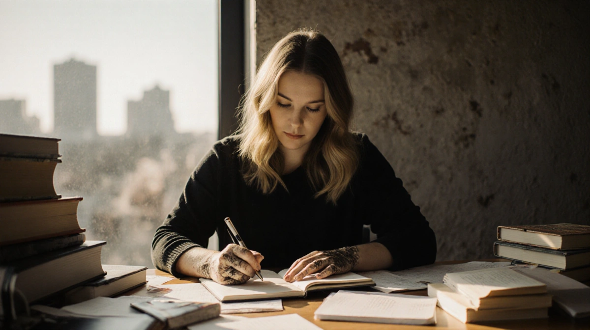 Colleen Hoover writes in notebook with scattered books and warm window light showing city view