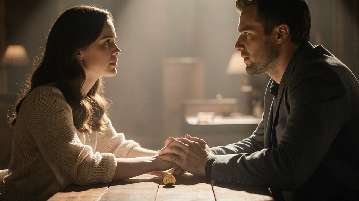 Colleen and Matt sit with a coin between them with warm lighting on their faces and determined and vulnerable eyes