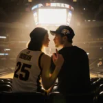 Caitlin Clark and Connor McCaffery sitting together in a college basketball stadium, holding hands with warm light from the s