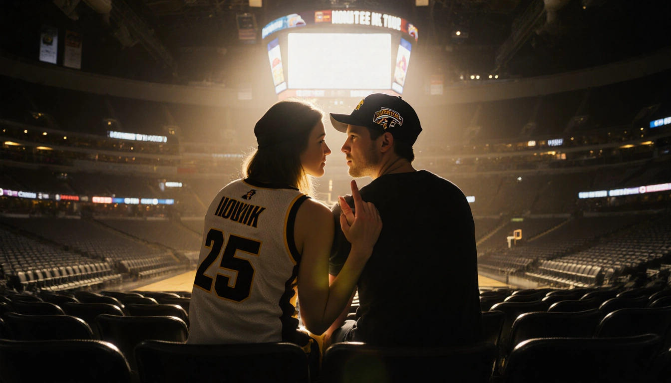 Caitlin Clark and Connor McCaffery sitting together in a college basketball stadium, holding hands with warm light from the s