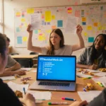 Students lounging around a wooden table in a college classroom with soft warm lighting and colorful posters while a laptop sc