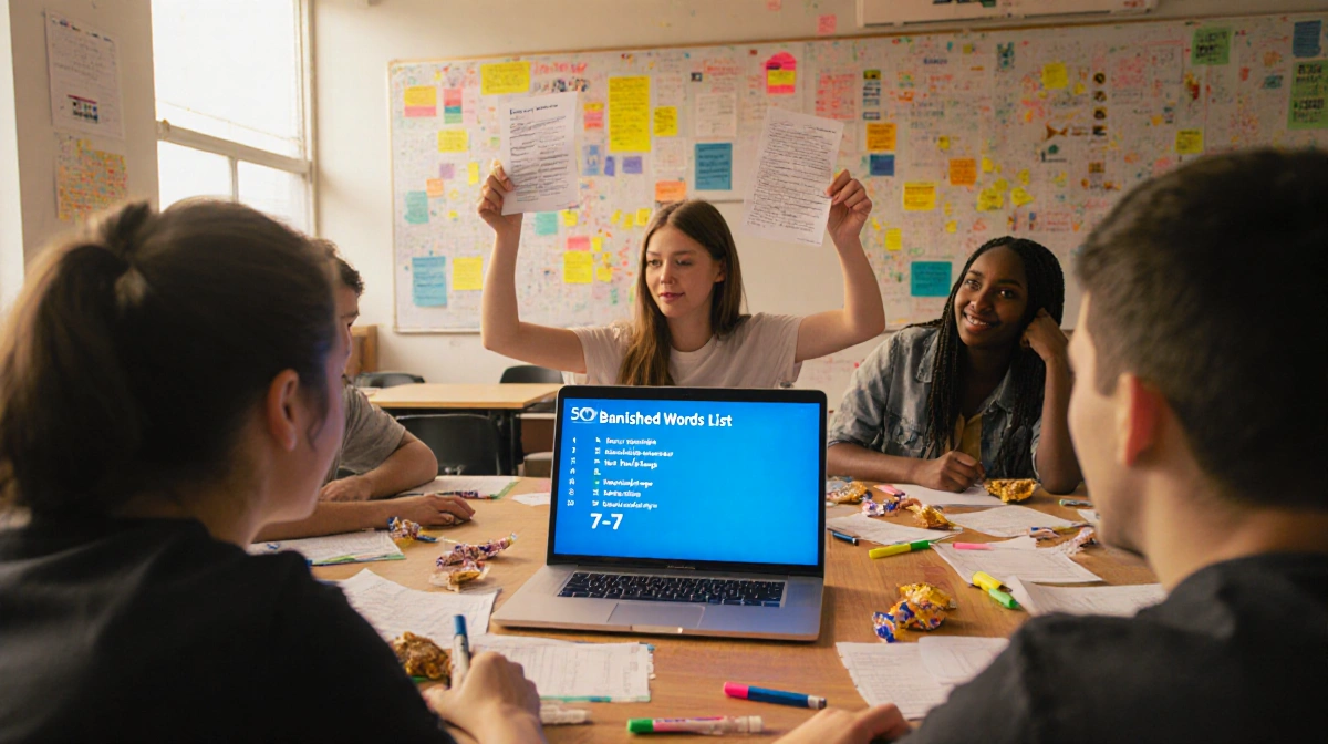 Students lounging around a wooden table in a college classroom with soft warm lighting and colorful posters while a laptop sc