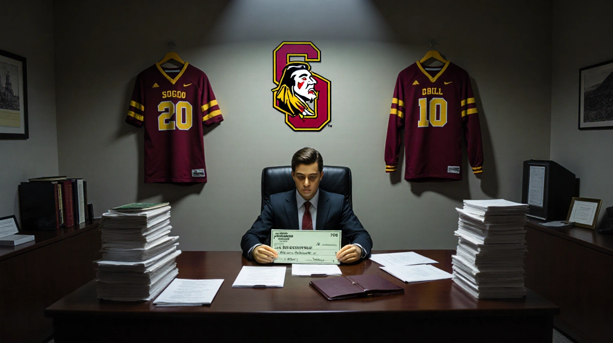 College consultant holding $500,000 check with fake athletic uniforms on wall and USC logo hinting fraud