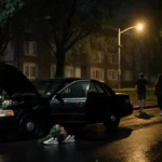 Car stands with hood raised and flowers inside near police tape behind dorm at night