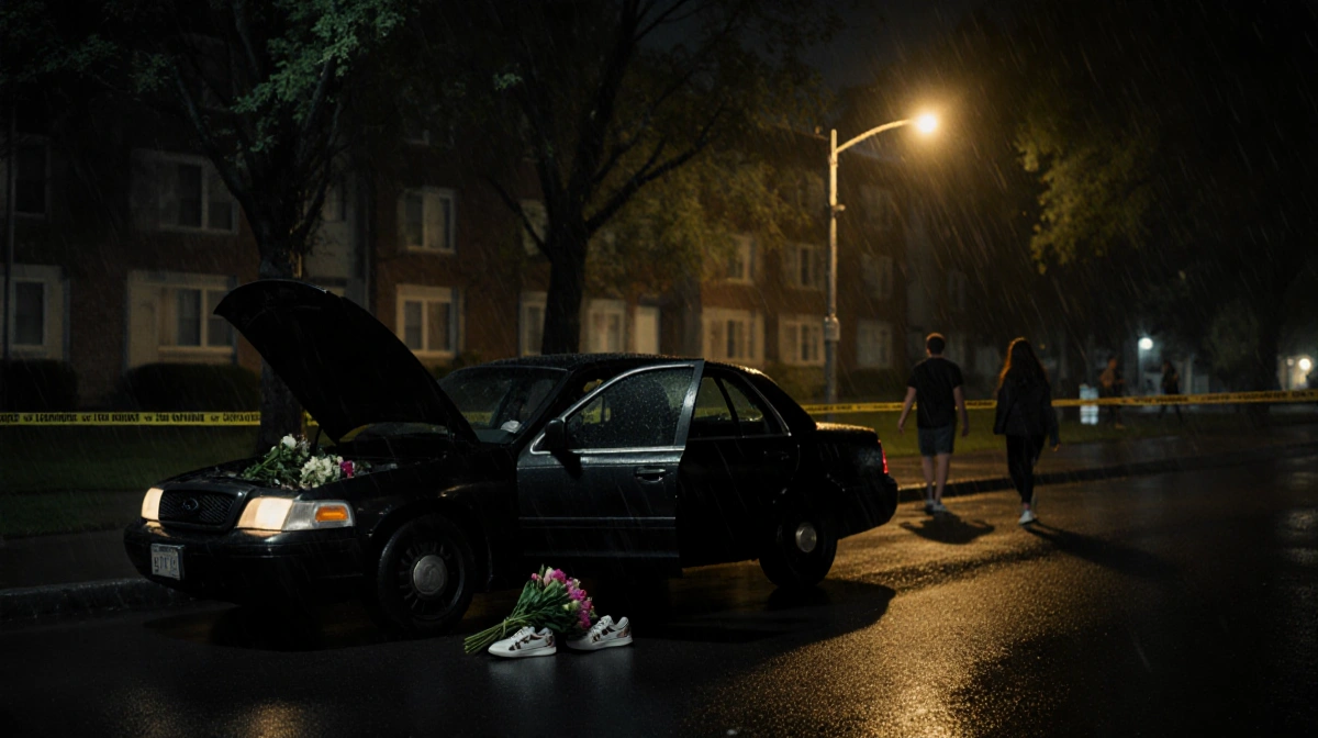 Car stands with hood raised and flowers inside near police tape behind dorm at night