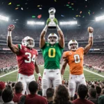 Three college football teams stand with Rose and Orange Bowl trophies while the empty Cotton Bowl lights up behind them CFP