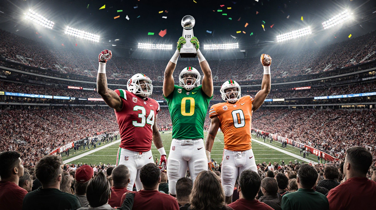 Three college football teams stand with Rose and Orange Bowl trophies while the empty Cotton Bowl lights up behind them CFP