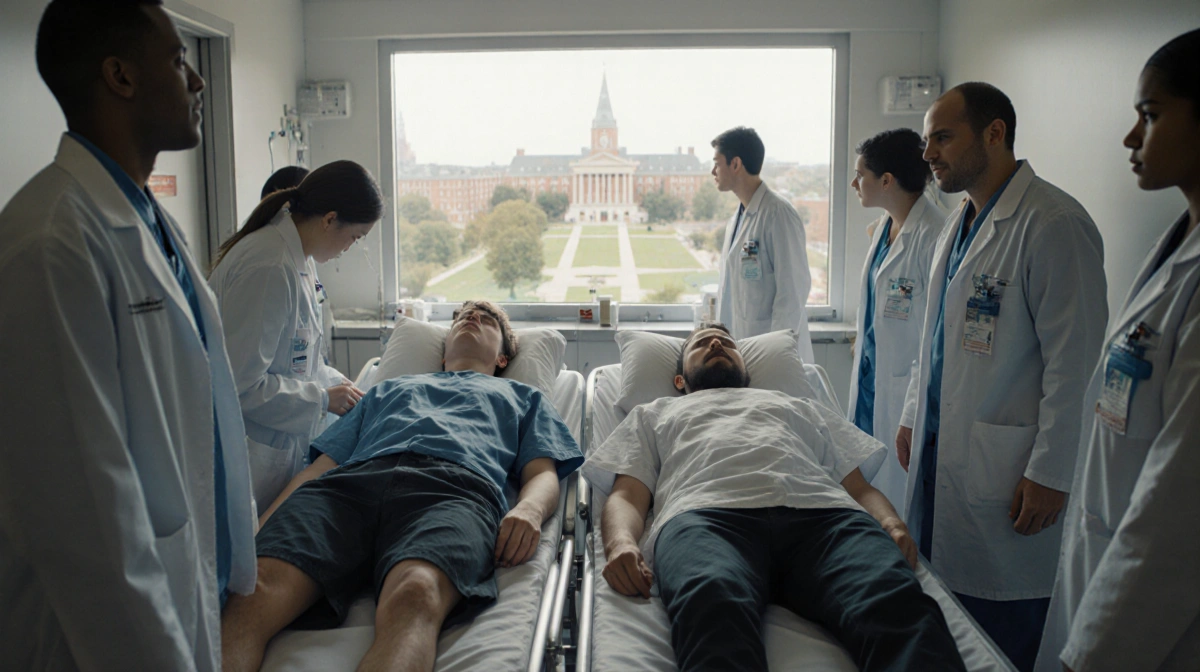 Two college students lying on hospital gurneys with medical staff surrounding them and campus visible through window