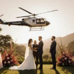 Colombian bride exchanging vows with Luke Berry while helicopter lands behind them with bridesmaids in tropical garden