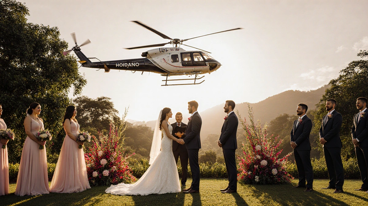 Colombian bride exchanging vows with Luke Berry while helicopter lands behind them with bridesmaids in tropical garden