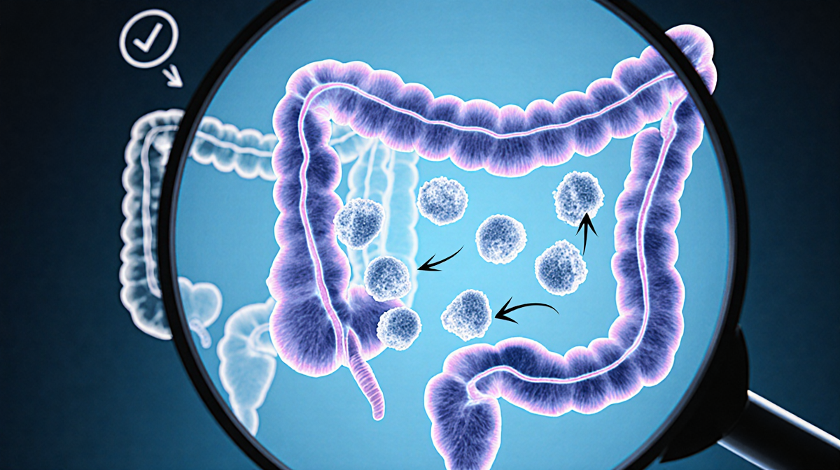 Magnified colon interior showing clustered white polyps with arrows highlighting abnormal growth against a blue background