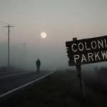 Lone figure walking on misty Colonial Parkway with weathered sign and moonlit sky showing historic road