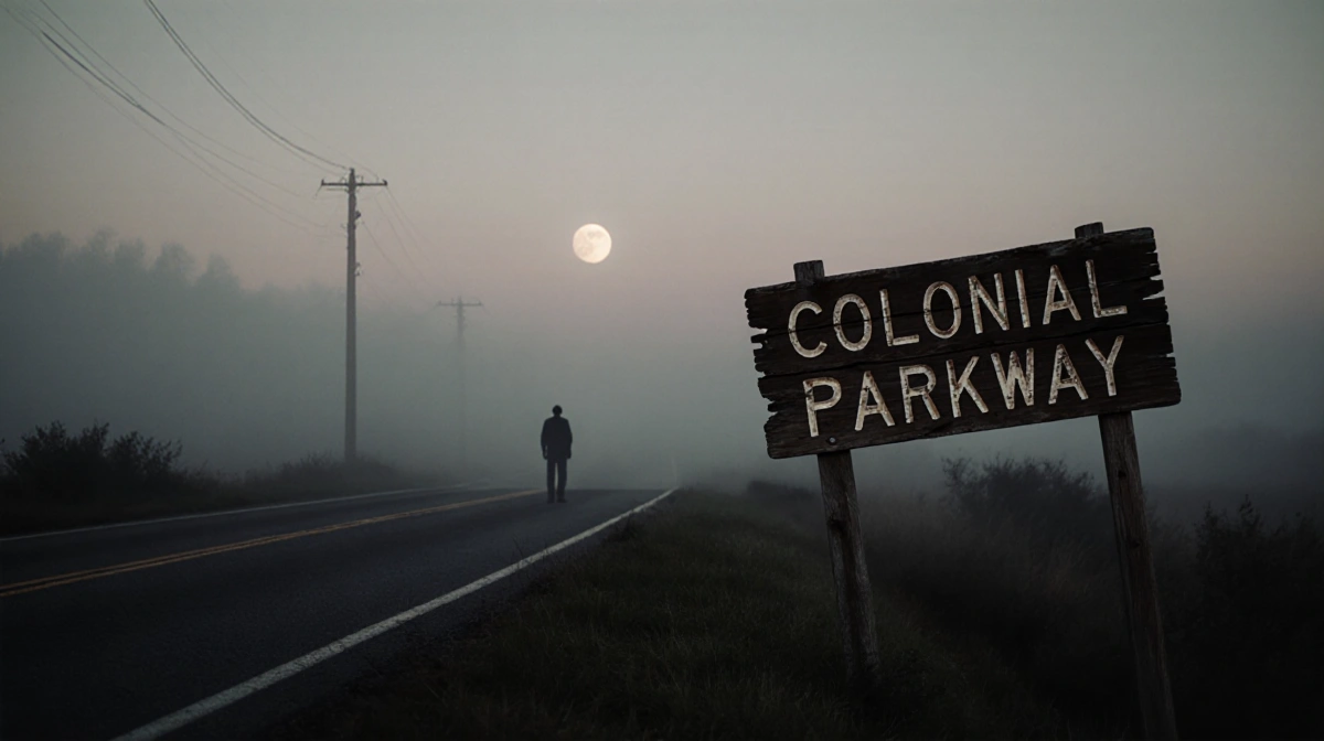 Lone figure walking on misty Colonial Parkway with weathered sign and moonlit sky showing historic road