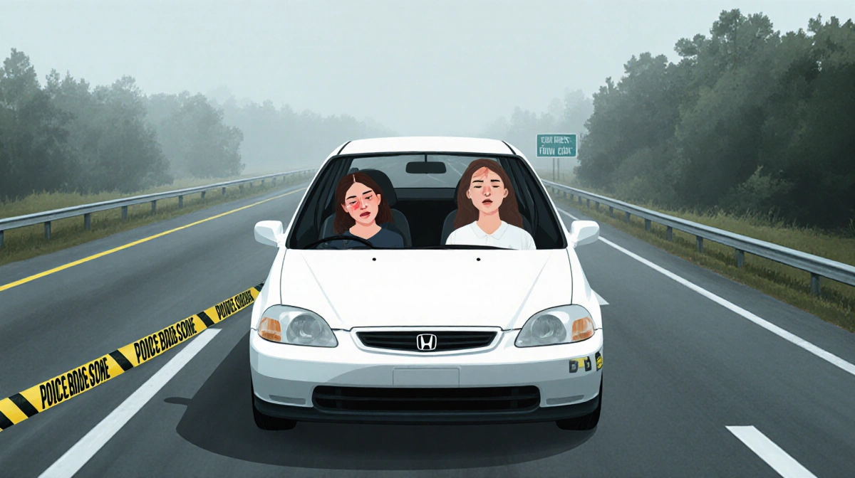 Two lifeless women sit in white Honda Civic with police tape and forensic markers showing Colonial Parkway crime scene