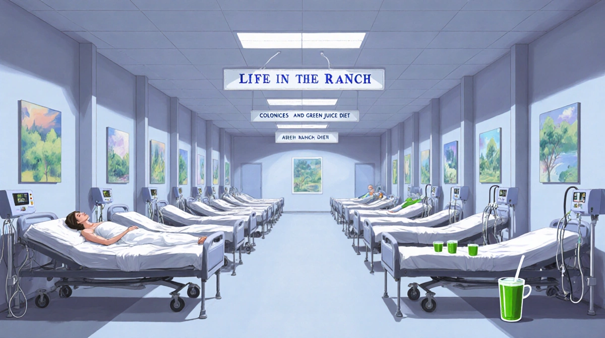 Woman receiving colonics treatment on medical bed with green juice glasses and clinical equipment showing wellness center int