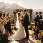 Jordan Kahn strums guitar at Colorado mountain wedding altar with Stephanie Ritter walking down the aisle and guests dancing