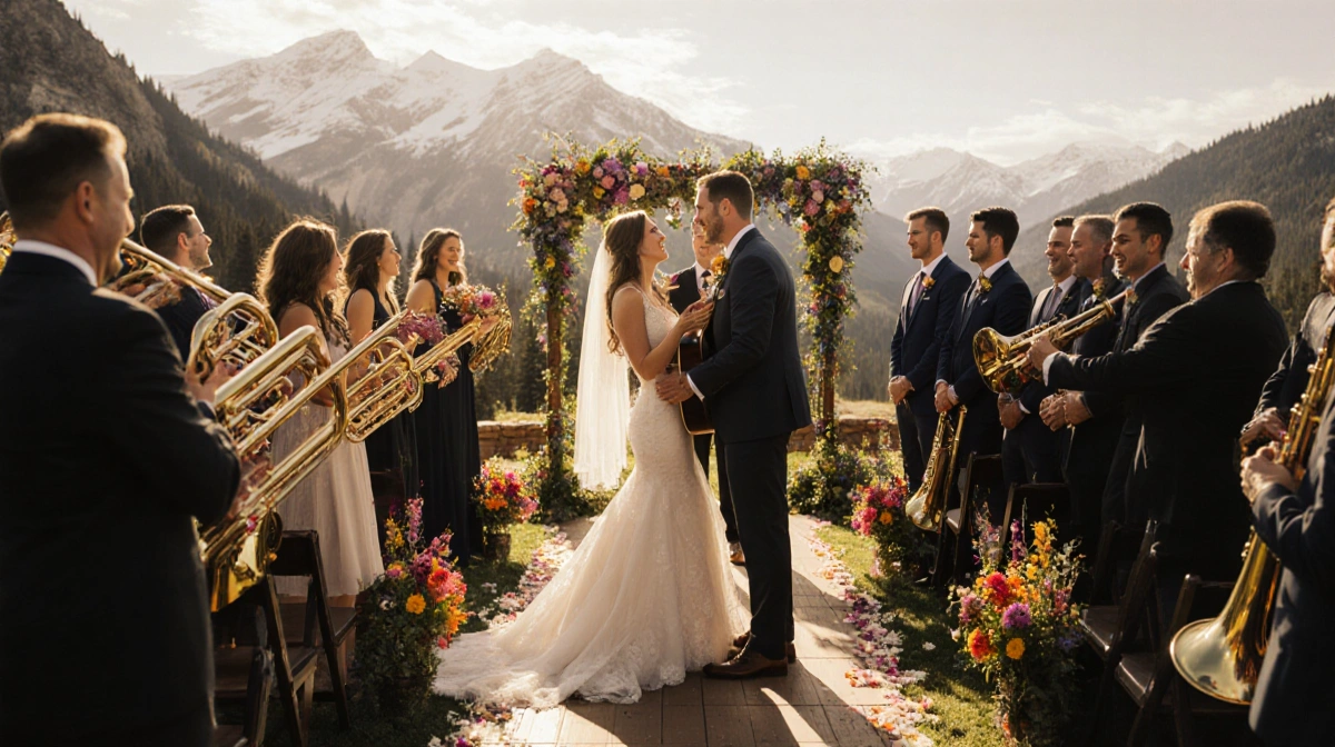 Jordan Kahn strums guitar at Colorado mountain wedding altar with Stephanie Ritter walking down the aisle and guests dancing