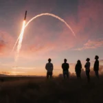 Group of people looking up at dusk sky with SpaceX Starlink launch and orange sunset