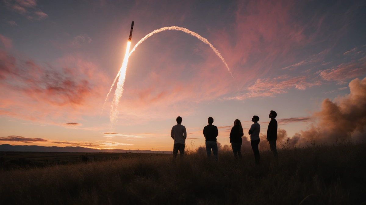 Group of people looking up at dusk sky with SpaceX Starlink launch and orange sunset
