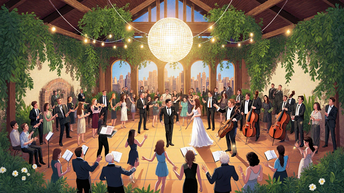 Guests dancing under disco ball with orchestra instruments and NYC skyline hint showing wedding reception energy