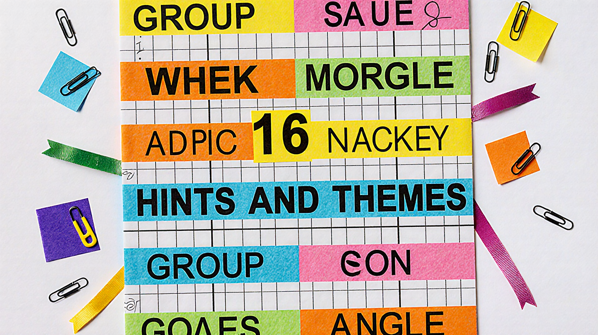 Colorful 4x4 word grid puzzle presents ribbons and title Hints and Themes surrounded by clips and notes with faint grid lines