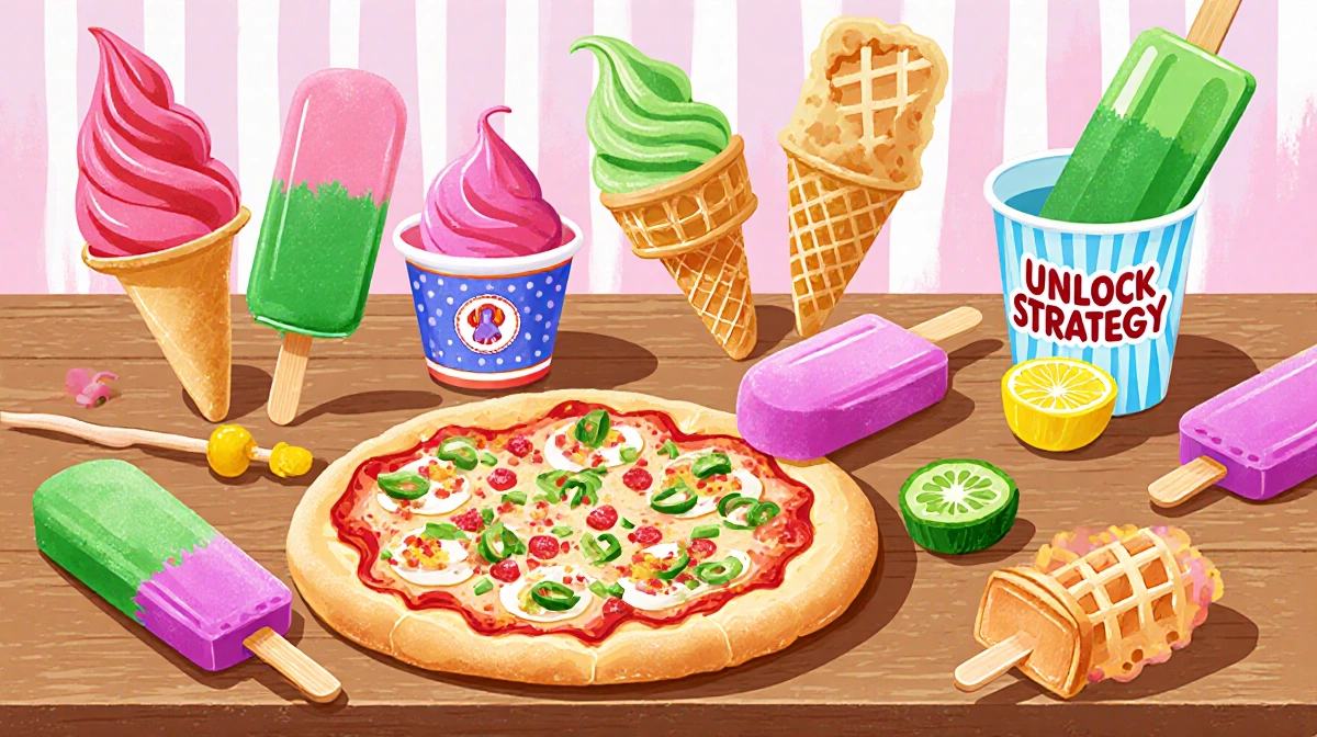 Colorful frozen treats and pizza slices arranged on wooden table with popsicle and waffle cone showing variety