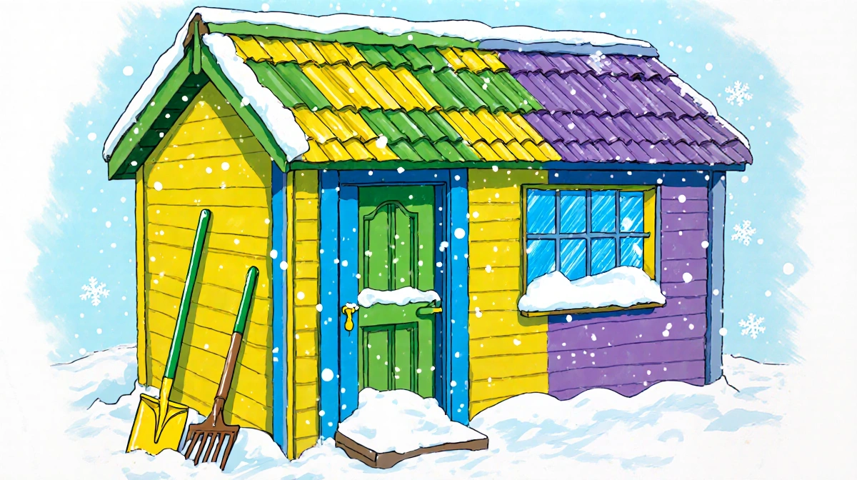 Create an illustration of a colorful tool shed or garden shed with yellow, green, blue, and purple elements prominently displ