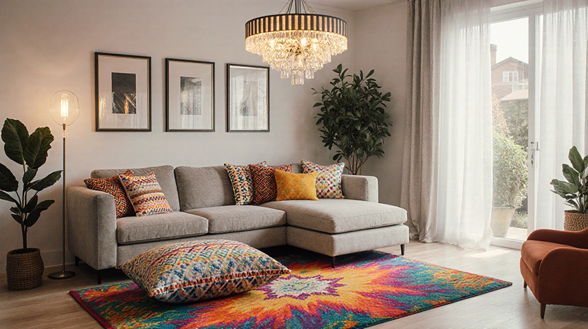 Colorful living room with vibrant $30 area rug and bold throw pillows on plush sectional with warm lighting