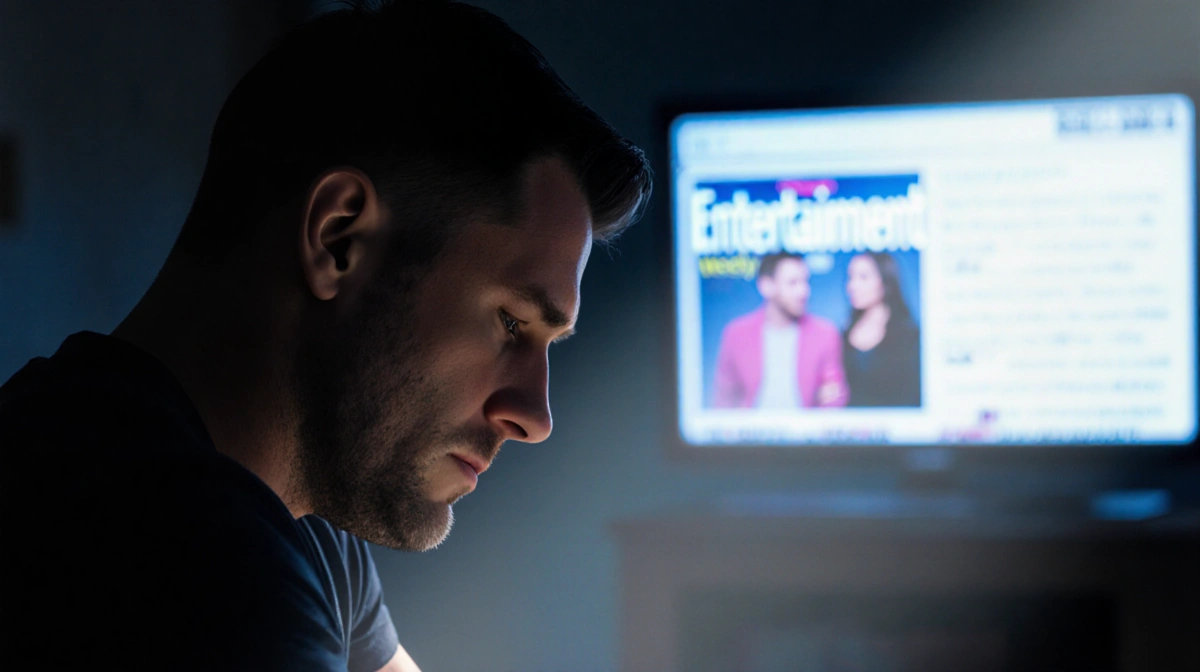 Colton Underwood sitting alone with head down and television showing magazine in dark room
