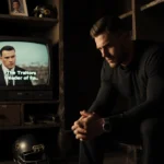 Colton Underwood sits alone in locker room with football gear and TV showing The Traitors in background