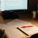 Nikki Glaser writing comedy at cluttered desk with script pages and red pen showing joke edits