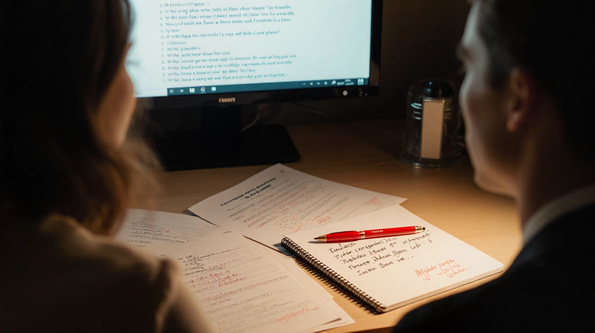 Nikki Glaser writing comedy at cluttered desk with script pages and red pen showing joke edits