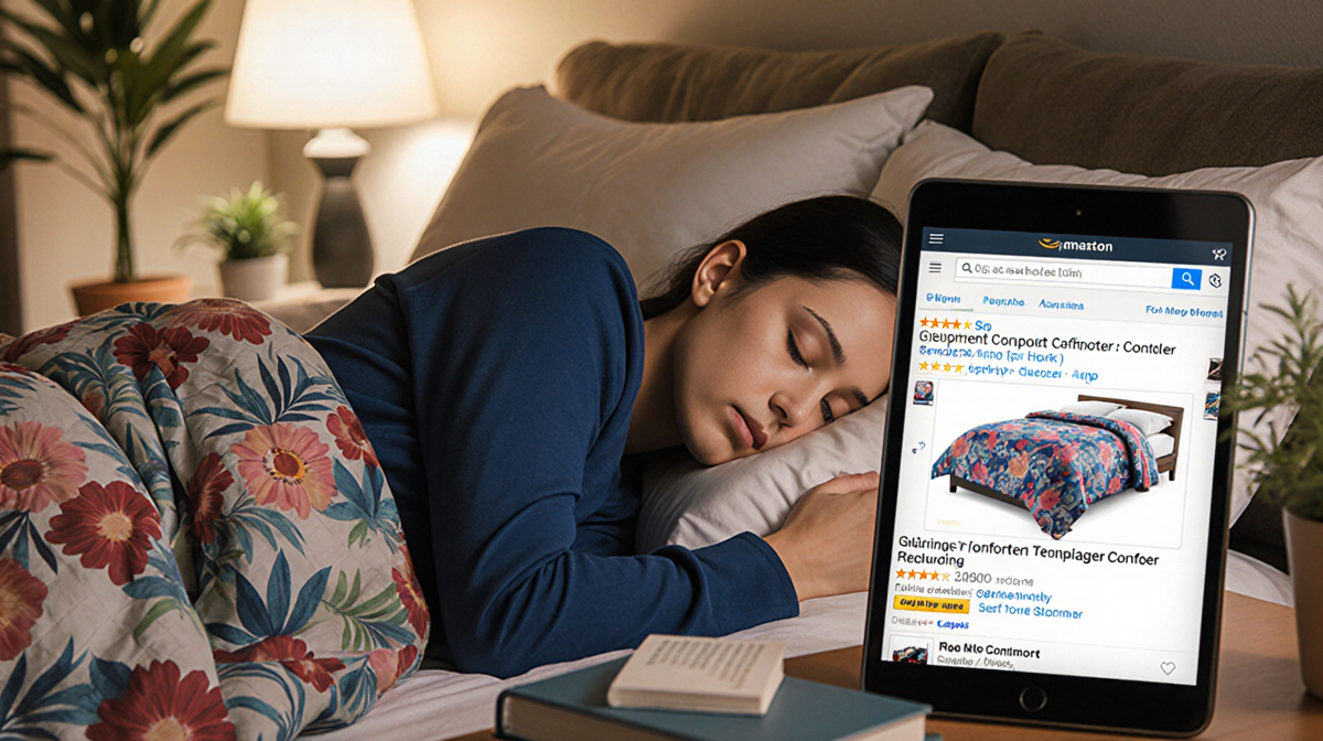 Comforter highlights vibrant colors and patterns with soft warm bedside lamp glow