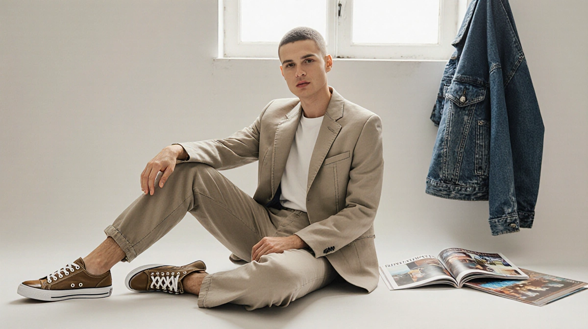 Hands smooth tailored pants with sneakers and denim jacket nearby on minimalist surface