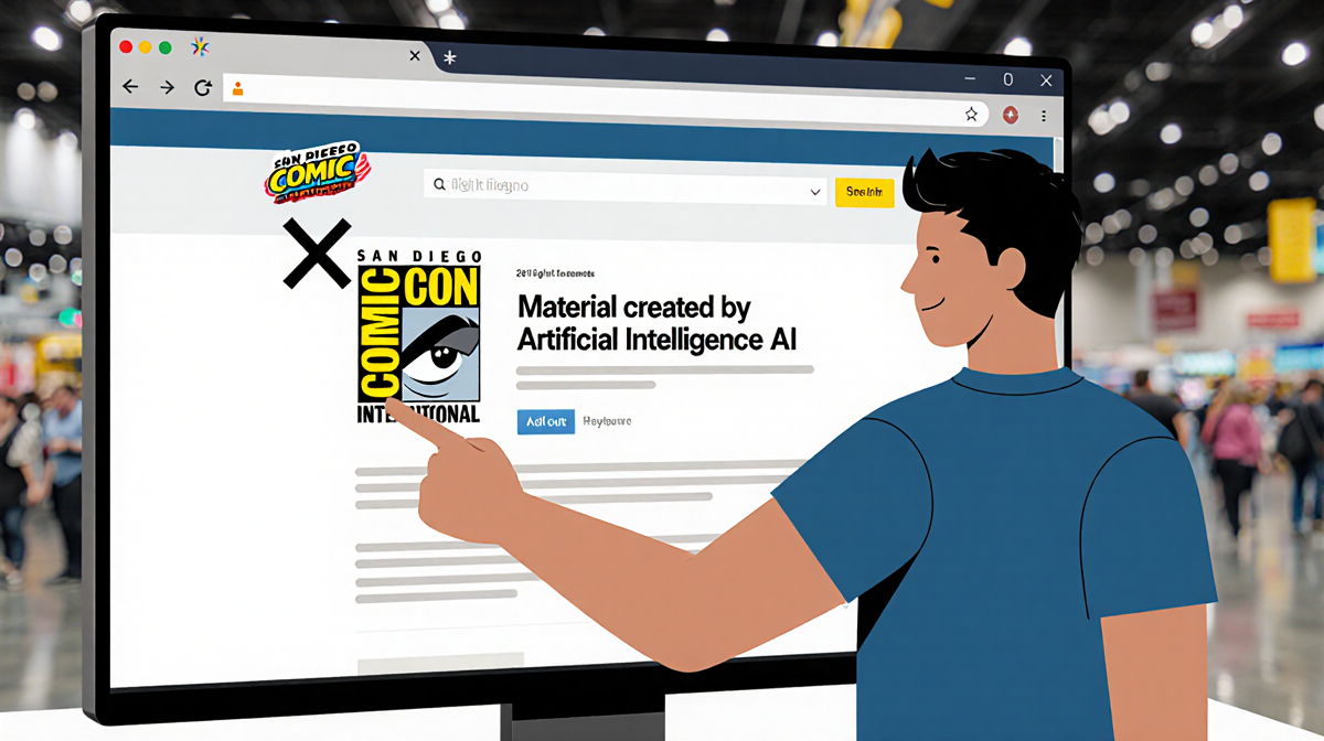 Person pointing to screen with AI disclaimer and X overlay on Comic-Con website in front of blurred convention center hall