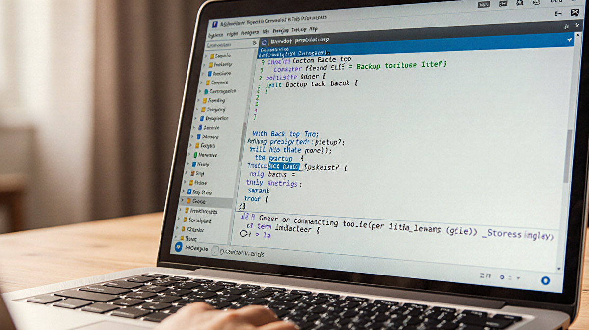 Computer screen showing backup tool command line settings with abandoned laptop keyboard and warm glow.
