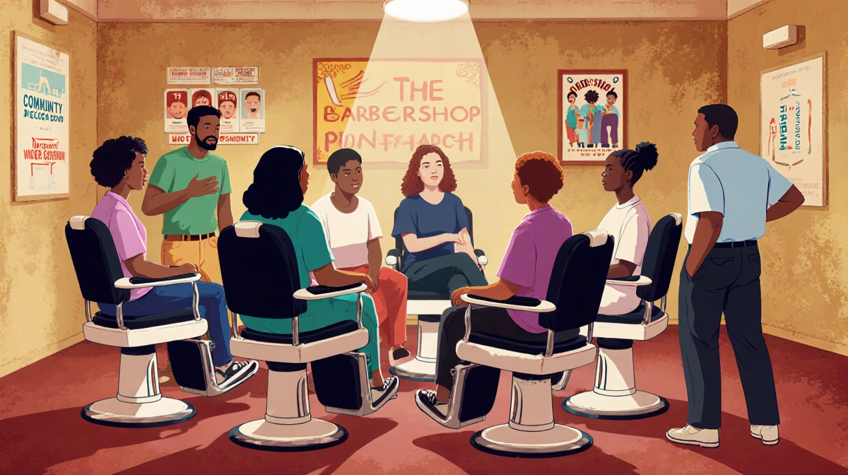 Diverse community members gather in circle with vintage barber chairs and posters while sharing stories in warm barbershop se