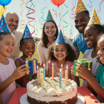 Children laughing while receiving gifts with bright birthday cake and colorful balloons in sunny gathering