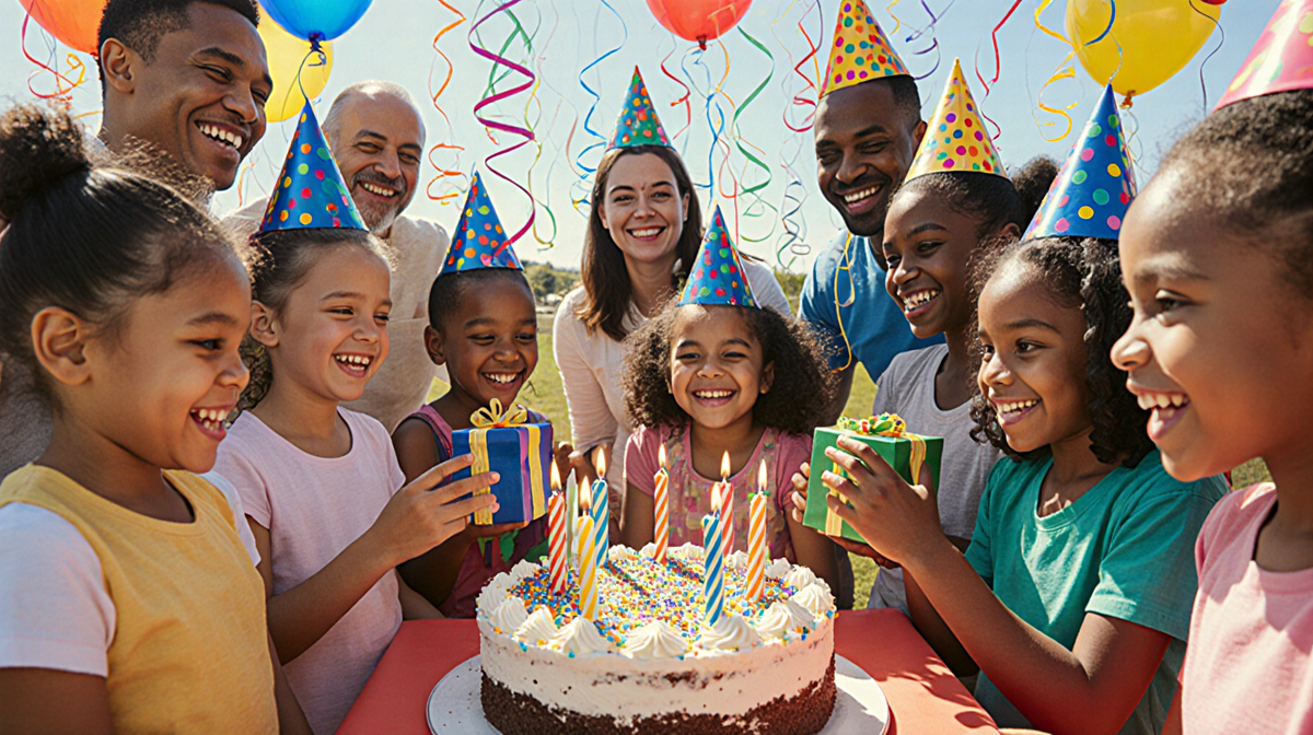 Children laughing while receiving gifts with bright birthday cake and colorful balloons in sunny gathering