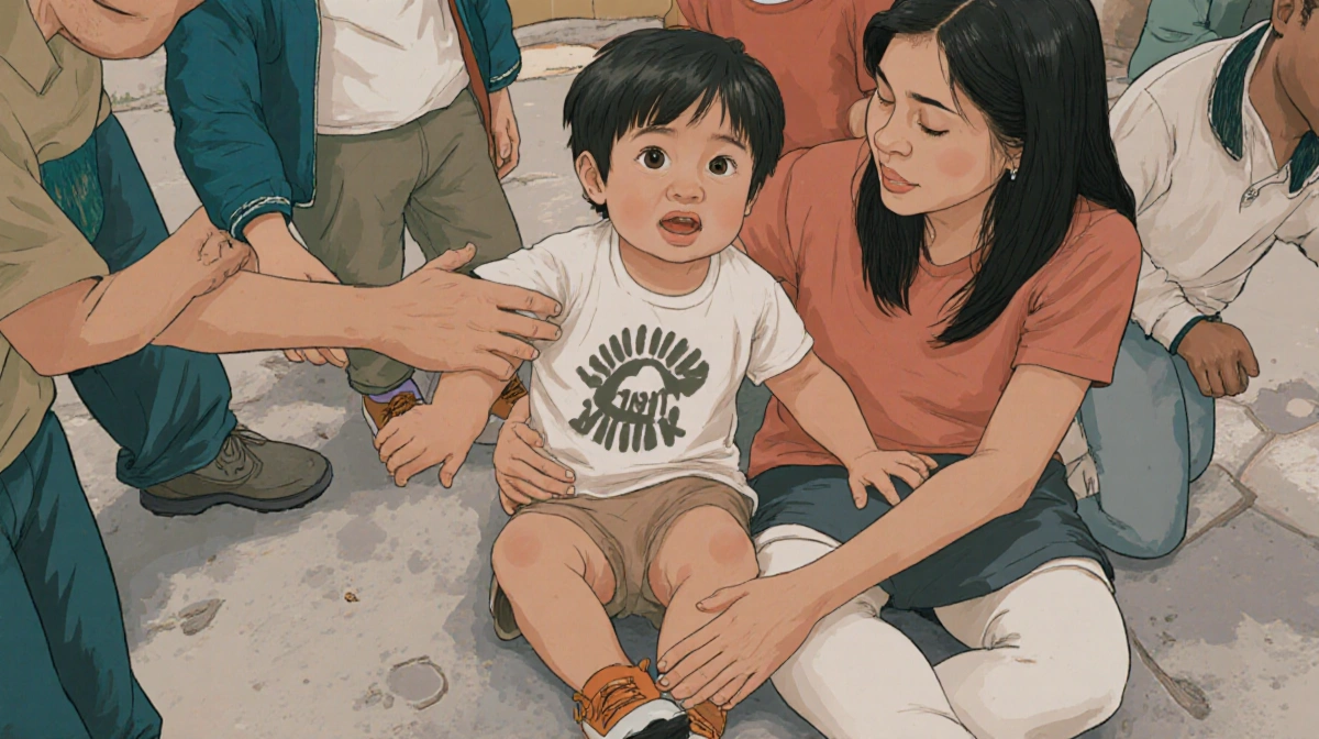 Community members gathering together with children playing and smiling