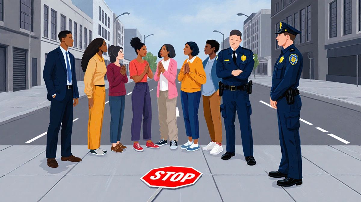 Diverse community members confronting federal agents with stop sign on ground showing peaceful resistance