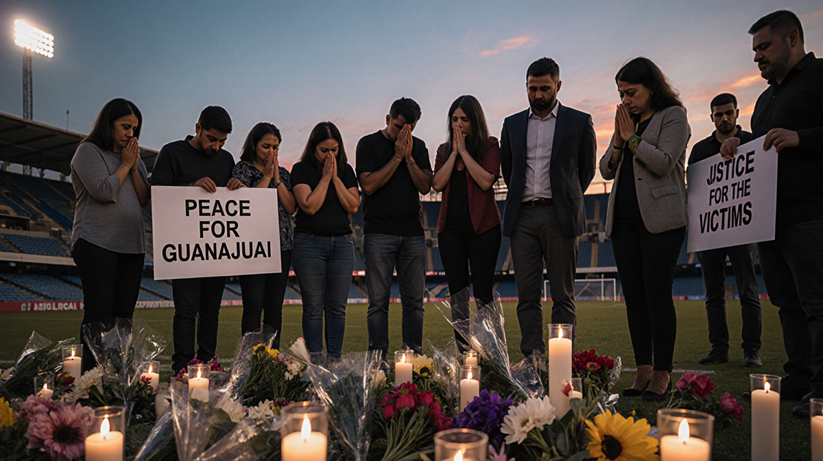 Family members gather for a candle vigil with flowers around a memorial in a soccer stadium under a sunset glow.