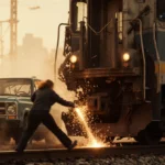 Commuter train colliding with SUV on tracks with sparks flying and engineer braking in background