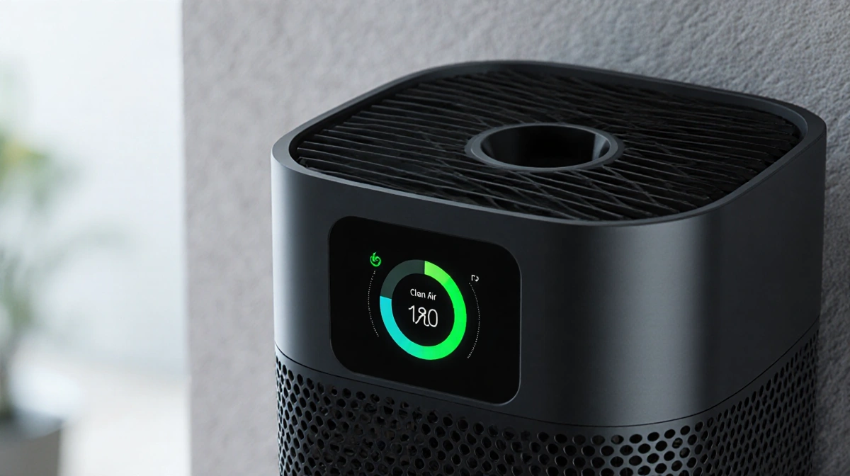 Compact air purifier shows green clean air indicator with simple display and soft natural lighting